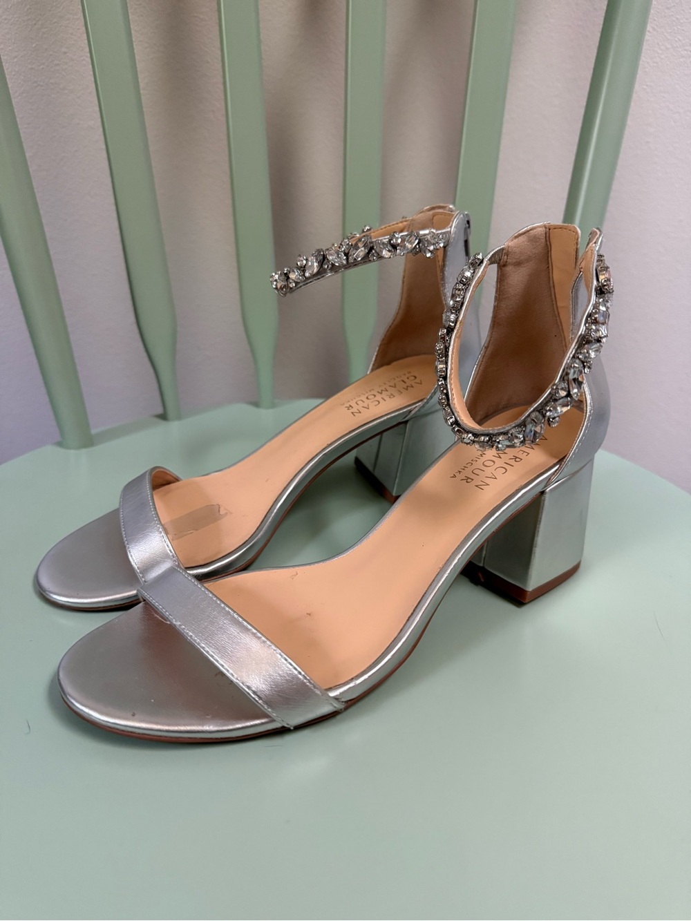 Badgley Mischka Silver Jeweled Ankle-Strap Block Heels